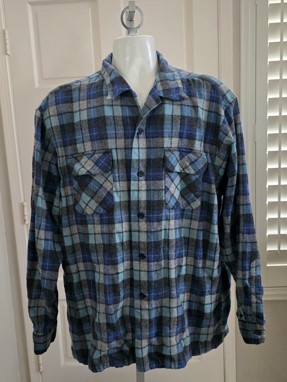 Pendleton Board Shirt Wool Flannel Blue Plaid Button-Up Long Sleeve Size XXL Men